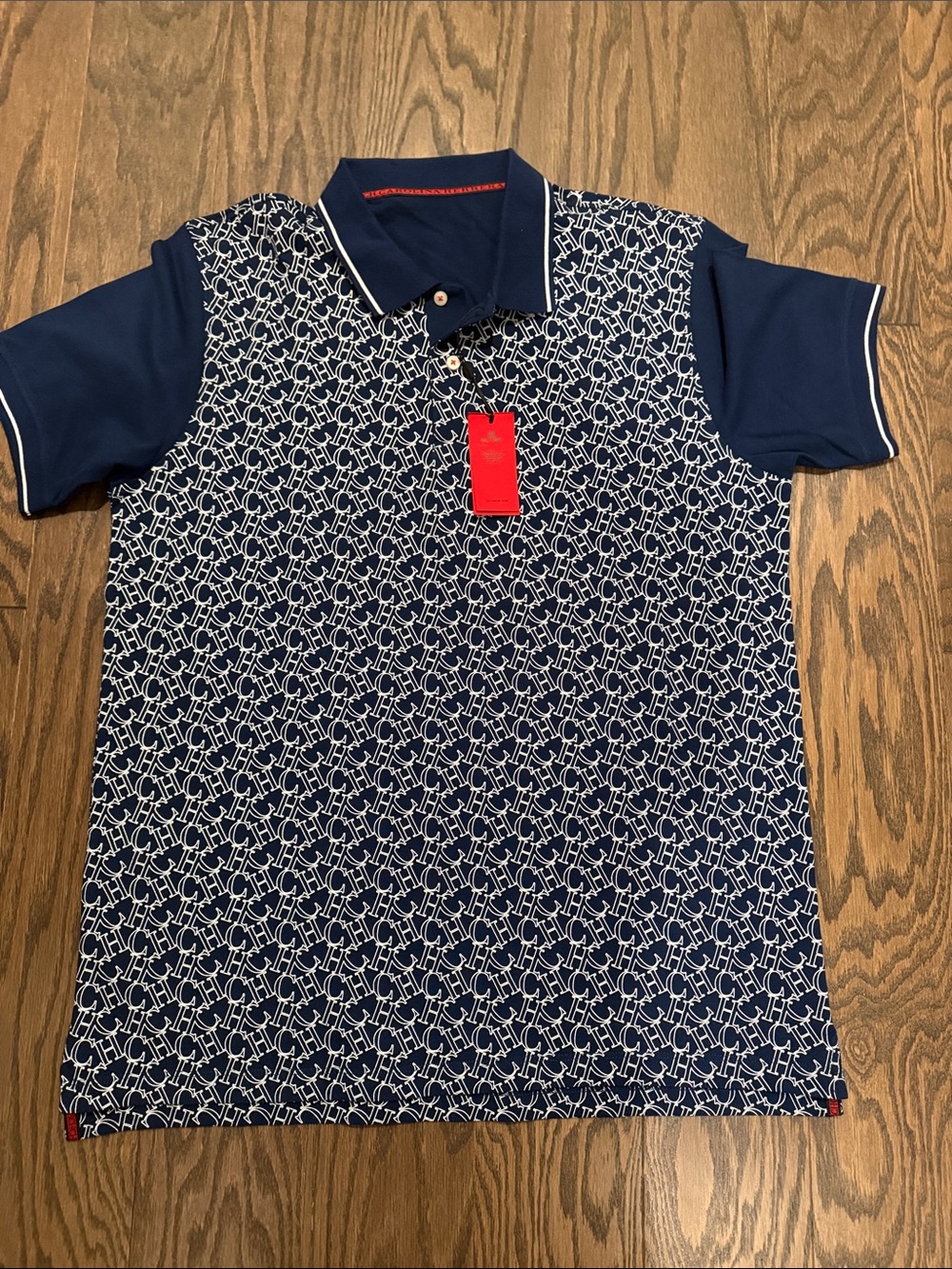 Polo by Karina Havera Navy Polo with White Monogram Pattern